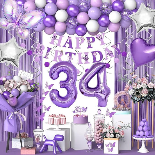 34th Purple Birthday Decorations for Women, Purple Pink 34th Birthday Decorations Butterfly Theme Lavender Party Decor Set with Number Balloons, Banner, Sash, Butterfly Stickers