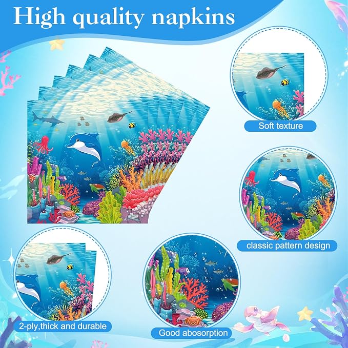 Pickmesh 250 Pcs Under the Sea Party Supplies Decorations Serve 50 Ocean Birthday Party Plates and Napkins Set Sea Animal Theme Disposable Paper Tableware Set Underwater Creatures Birthday Decorations