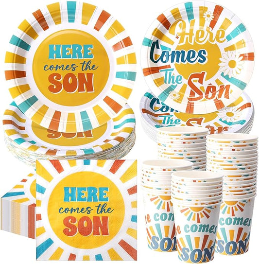 Ziliny 250 Pcs Here Comes The Son Baby Shower Party Decorations Boho Sun Rainbow Disposable Paper Plates Napkins and Cups Tableware Set for Sunshine Boy Baby Shower Party Supplies, Serves 50
