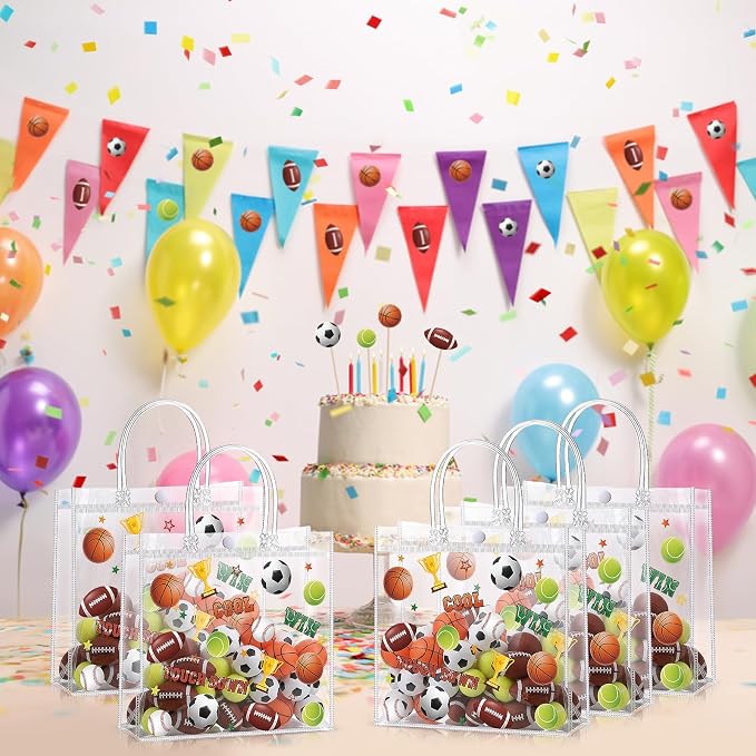 Hosuly 24 Pcs Sport Party Favor Bags with Handles, Clear PVC Football Goodie Treat Gift Bags Basketball Football Baseball Printed for 2026 Sport Birthday Party Favors Supplies 7.9 x 7.9 x 3.1 Inch