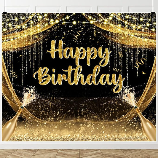 ChloropLastid Black Gold Happy Birthday Decorations Backdrop Sign 10x8ft for Men Women Happy Birthday Party Banner Glitter Birthday Party Photography Background Supplies