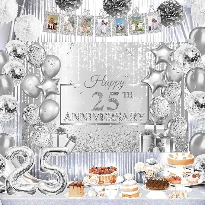 Hombae 25th Anniversary Decorations, Silver 25th Wedding Anniversary Party Decorations, 25 Year Anniversary Decor, Happy 25th Anniversary Backdrop Tablecloth Balloon Banner Hanging Swirls Pom Poms