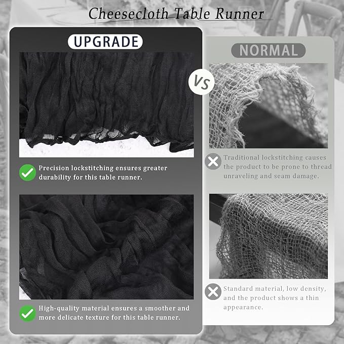 10 Pack Black Cheesecloth Table Runner 17x108 Inch Semi Sheer Boho Rustic Gauze Cheese Cloth Table Runners for Wedding Party Birthday Baby Shower Home Décor