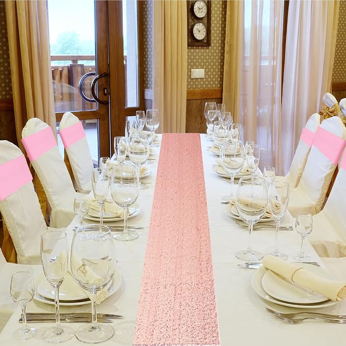 Newwiee 54 Pcs Rose Gold Sequin Chair Sashes and Table Runners, 48 Sequin Chair Bows, 6 Glitter Table Runners for Birthday Party Wedding Banquet Holiday Decorations