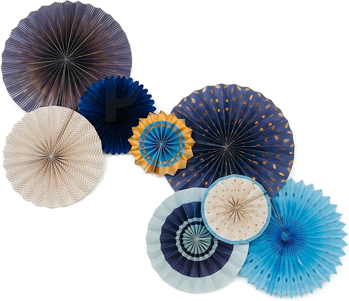 PapaKit 8-Piece Origami Paper Fan Decorations - Starry Midnight Blue & Metallic Gold Hanging Pinwheels – Reusable Wall Backdrop for Birthday, Baby Shower, Graduation, and New Year's Eve Parties