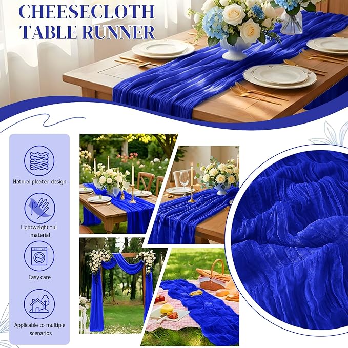 12 Pack Royal Blue Cheesecloth Table Runner 21x120 Inches, Boho Gauze Rustic Semi Sheer Cheese Cloth Table Runners for Easter Wedding Bridal Baby Shower, Birthday Party, Long Farmhouse Table Decor