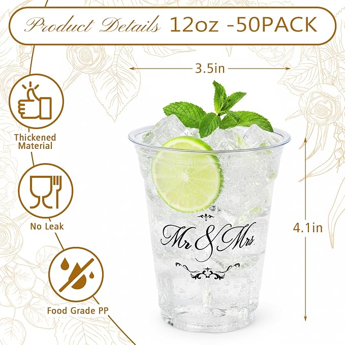 Edussy 50 Pack Disposable Wedding Plastic Cups Decor- 12 oz Mr and Mrs Cups for Wedding Stuff Decorations for Reception Bridal Shower Anniversary Party