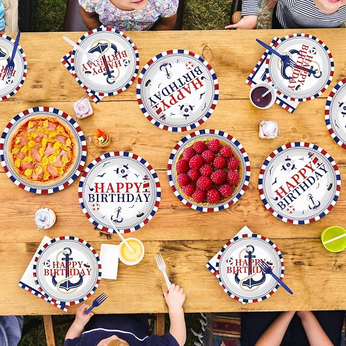 96 Pcs Nautical Birthday Party Decorations Sailing Party Decoration Plates and Napkins Red White and Blue Tableware Set for Boy Happy Birthday Baby Shower Nautical Theme Celebrations Serves 24