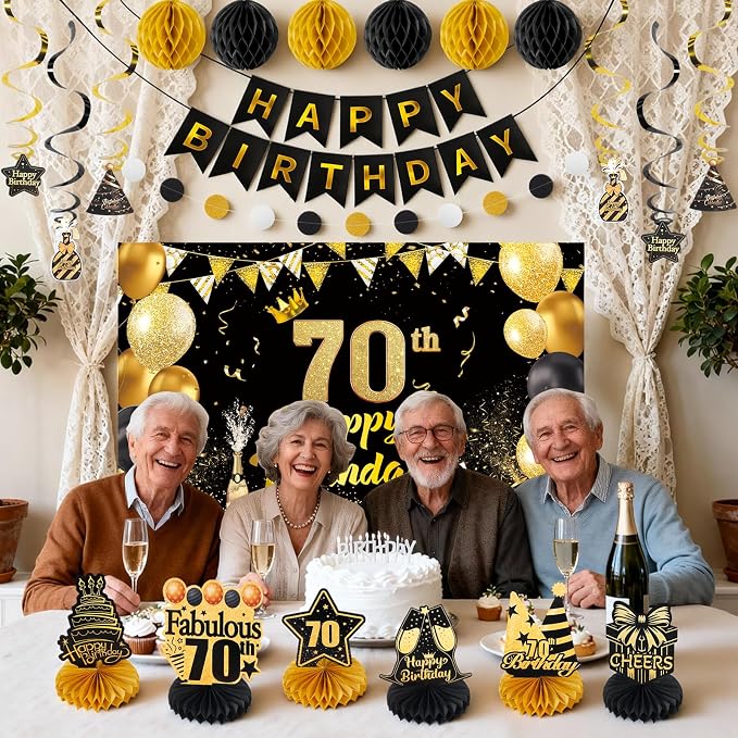 Happy 70th Birthday Party Decoration: Including Birthday Banner Backdrop, Party Table Centerpieces and Hanging Swirl Party Streamers, Birthday Decor for Men and Women (Gold/Black, 70th Birthday)