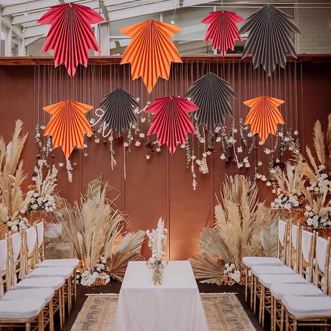 SUNBEAUTY Fall Party Decorations Maple Leaves Paper Fans Hanging Paper Fans Classroom Decoration for Autumn Thanksgiving Birthday Baby Shower Rustic Wedding, Set of 9