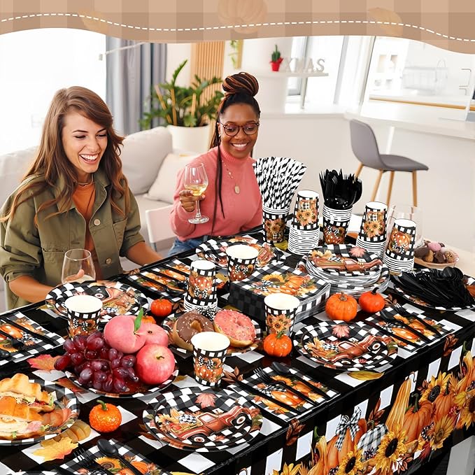 Funnymoom 452 Pcs Fall Thanksgiving Party Decorations, Black White Buffalo Plaid and Orange Pumpkin Maple Leaves Paper Plates Napkins Cups Tablecloth Cutlery Straws for Autumn Harvest Party Supplies