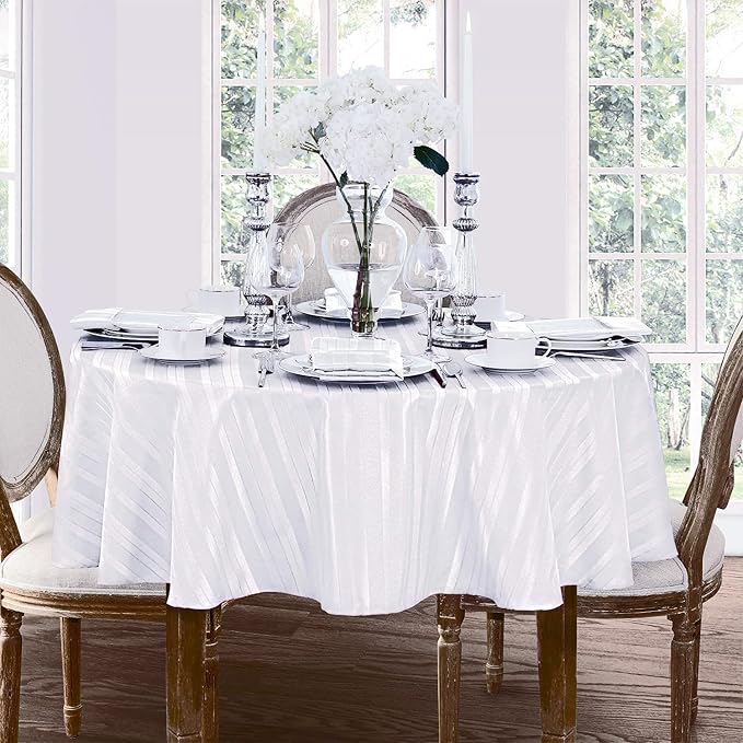 Newbridge 60 x 84 Inch Oval White Fabric Tablecloth, Denley Satin Stripe, Heavy Weight No Iron Polyester Holiday Dining & Party Table Cover