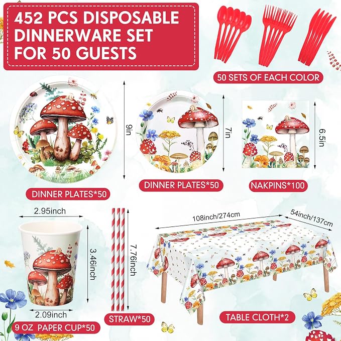 Funnymoom 452 Pcs Mushroom Party Decorations for 50 Guests, Red Watercolor Mushroom Paper Plates Napkins Cups Tablecloth Cutlery Straws for Fairy Tale Birthday Baby Shower Party Supplies