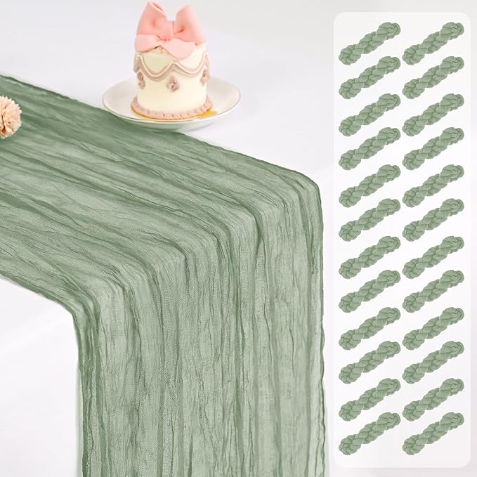 Pesonlook 24 Pack Sage Green Table Runner, Cheesecloth Table Runner Long Romantic Semi Sheer Rustic Boho Gauze Table Runners for Wedding Bridal Shower Birthday Party Decorations(17.7×108 Inch)
