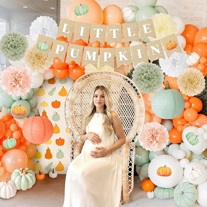 Kriyokiaa Little Pumpkin Baby Shower Decorations 15 Pcs Fall Baby Shower Decorations with Little Pumpkin Banner, Paper Pom Poms, Paper Lantern Perfect for He or She Reveal Party