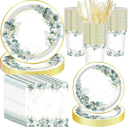 400 Pcs Sage Green Color Party Supplies Serve 50 Guests Eucalyptus Flowers Disposable Paper Plates Napkins and Cups for Bridal Baby Shower Birthday Wedding Party Decorations(Green,Classic)