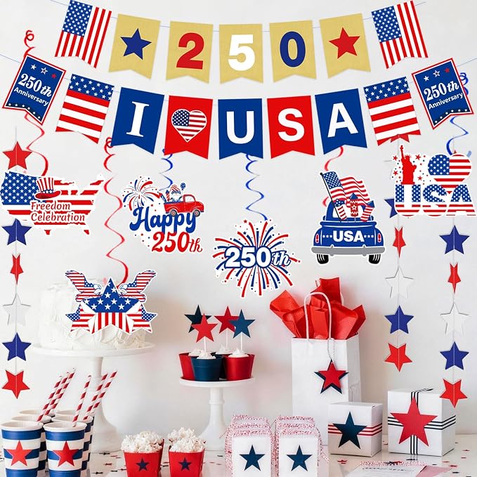 250th Anniversary Decorations 4th of July Decorations Including 250th Anniversary US Banner Star Garland 250 Banner Hanging Swirls
