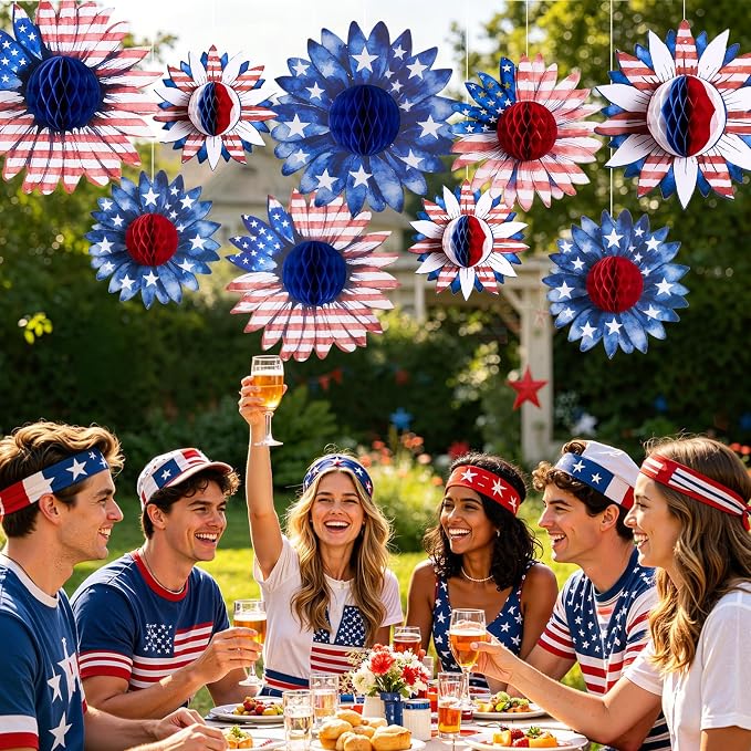 SUNBEAUTY 4th of July Patriotic Decorations Red White Blue Hanging Honeycomb Balls Independence Day Paper Honeycomb Flower for Memorial Day USA Flag Veterans 250th Anniversary Party Supplies