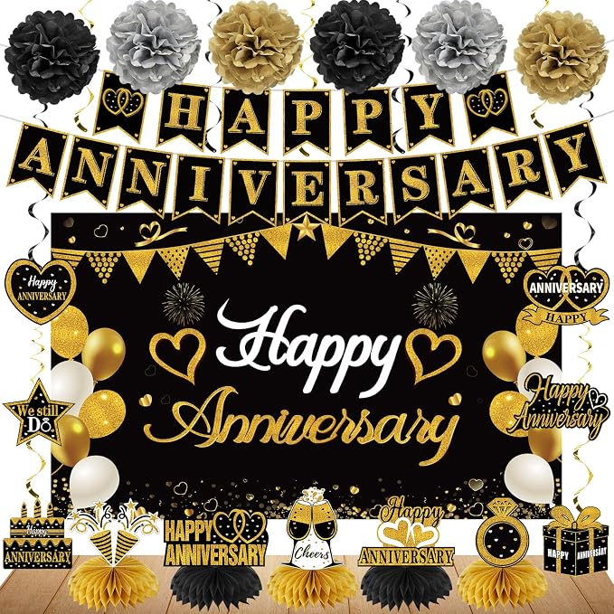 Turypaty Happy Anniversary Decorations Kit - Black Gold Wedding Party Supplies - Large Banner, Backdrop, Table Centerpieces, Hanging Swirl, Paper Pompoms Decors