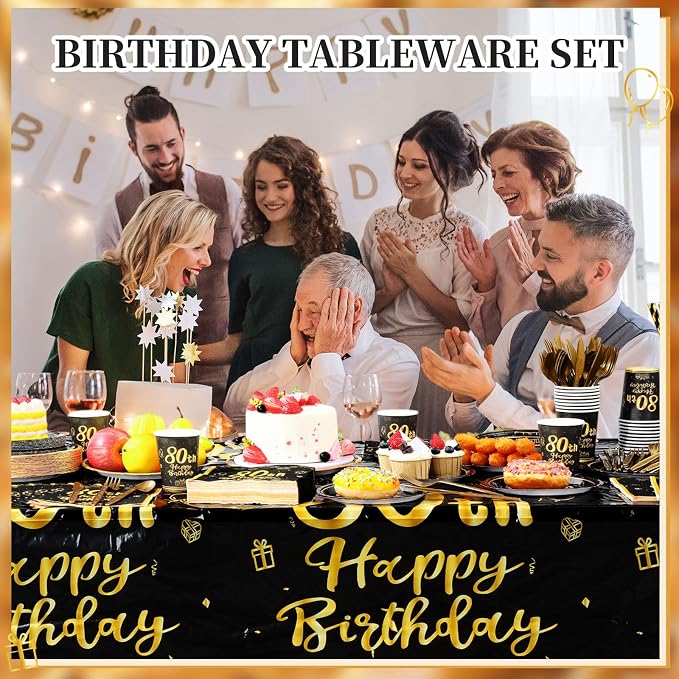 Funnymoom 452 Pcs 80th Birthday Party Decorations Set for Men Women, Black and Gold Happy 80th Birthday Paper Plates Napkins Cups Tablecloth Cutlery Straws Cheers to 80 Years Anniversary Party