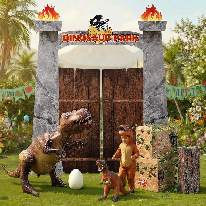 Ctosree 9 Pcs Dinosaur Party Decorations Set 59'' Cardboard Dinosaur Gate 47'' Inflatable Dino, 3D Dino, 12'' Box, Wooden Stake, Egg and Pothos Leaves for Birthday Party Supplies
