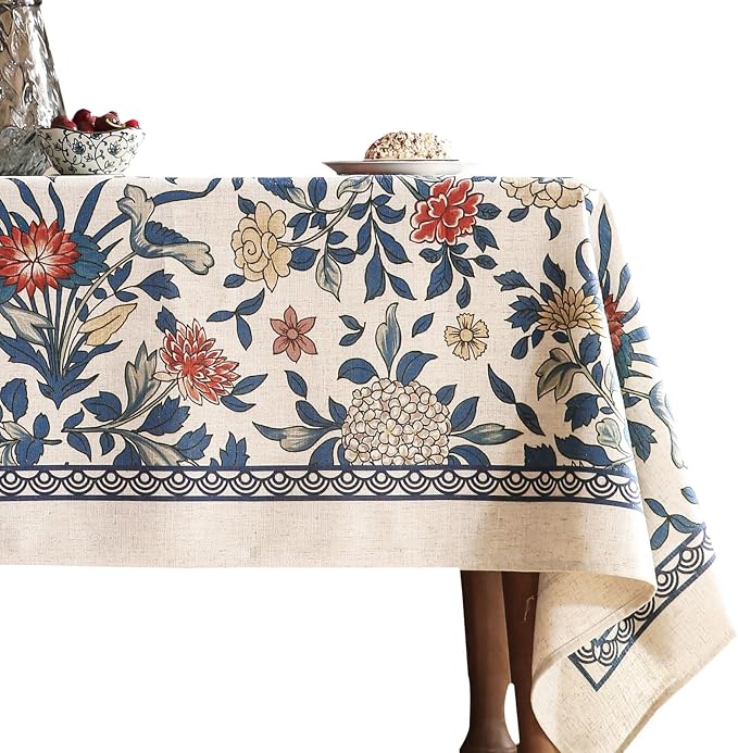 patdrea Vintage French Linen Tablecloth,Rectangular,87"x63"-Ivar A | Elegant Colorful Table Cloth for Rectangle Table,Blue and White Floral Patterned,Dining Room Tea Party Thanksgiving