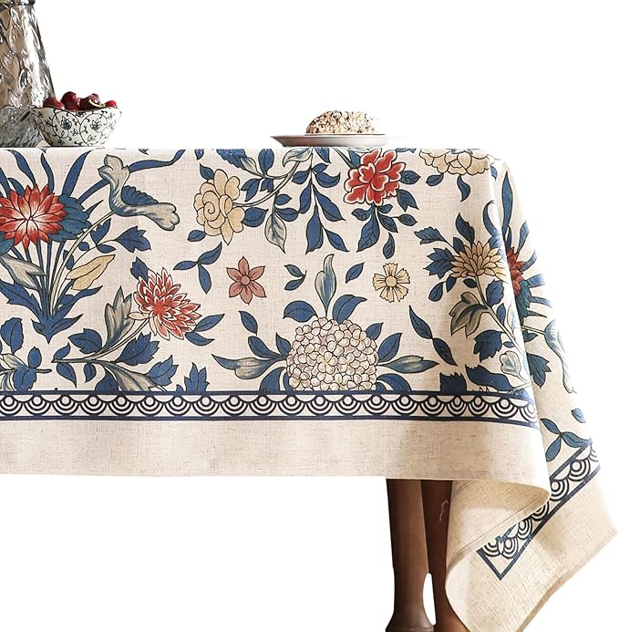 patdrea Vintage French Linen Tablecloth,Rectangular,71"x55"-Ivar A | Elegant Colorful Table Cloth for Rectangle Table,Blue and White Floral Patterned,Dining Room Tea Party Thanksgiving