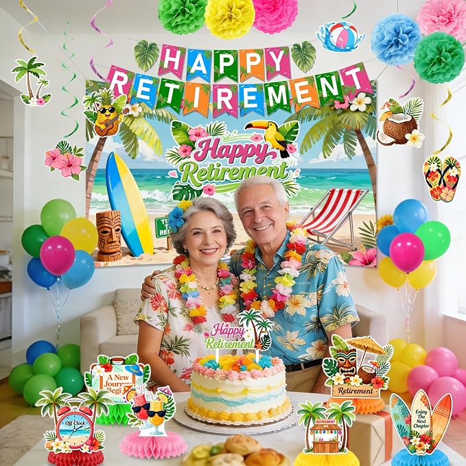 Luau Hawaiian Retirement Party Decorations Tropical Happy Retirement Banner Backdrop with Honeycomb Pom Poms Centerpieces Hanging Swirls Beach Summer Retirement Party Supplies