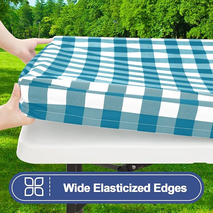 Smiry Picnic Table Cloth 6 Pack, Waterproof Elastic Fitted Tablecloths for 6FT Rectangle Tables, Washable Polyester Buffalo Plaid Tablecloth for Camping & Outdoor (Turquoise & White, 30" x 72")