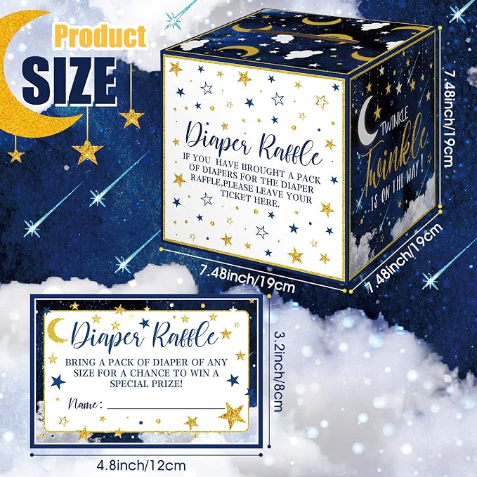 Teling 51 Pieces Diaper Raffle Tickets with Card Box Baby Shower Decorations Baby Shower Holder Box for Girl Boy Diaper Raffle Party(Twinkle Twinkle Little Star)