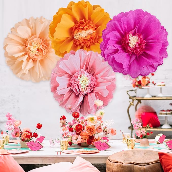 SUNBEAUTY Large Paper Flowers Decorations 4PCS 20'' Pink Orange Giant Paper Flowers Large Crepe Tissue Flower Decorations for Girls Women Birthday Baby Shower Spring Summer Wedding Wall Decor