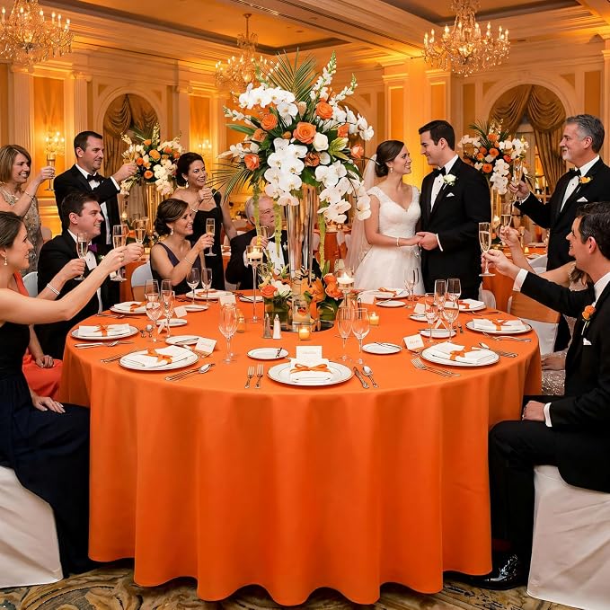 8 Pack Orange Round Tablecloth 120 Inch Wrinkle Resistant Orange Table Cloth Reusable and Washable Polyester Fabric for Buffet Wedding Party and Banquet