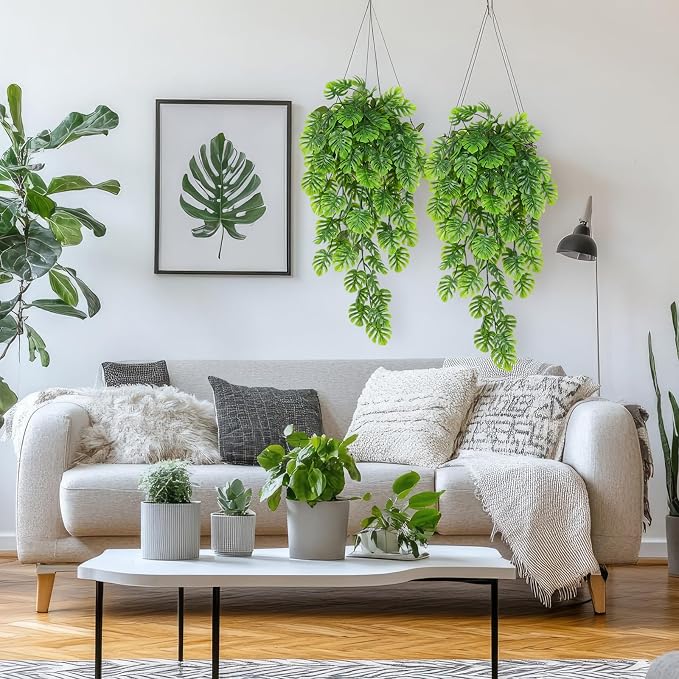 Daifunli 8 Pcs Artificial Hanging Plants Fake Hanging Ferns Plastic Fake Plant for Wall Room Garden Garland Indoor Outdoor Decor No Basket (Monstera Vines)