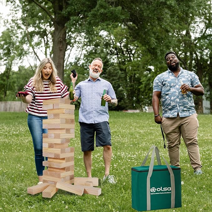 Olsa Giant Tumble Tower, Toppling Timber Game with Carrying Bag 60 PCS Wooden Block Stacking Game for Adults Family (2.2 Ft to 5 Ft)
