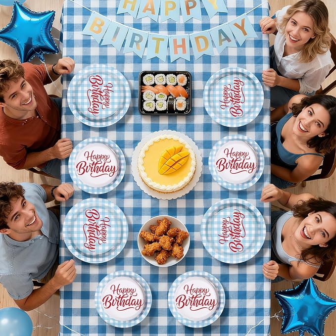96Pcs Blue Gingham Birthday Party Supplies Blue and White Checkered Plates and Napkins Disposable Plaid Red Word Tableware Set for Kids Birthday Baby Shower Holiday Picnic Party Decorations Serves 24