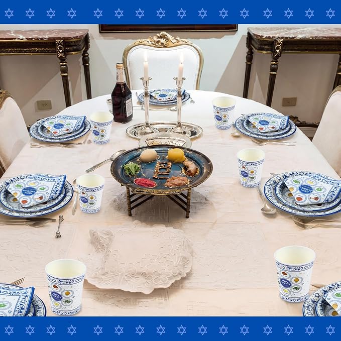 Jenaai 200 Pcs Passover Tableware Party Supplies for 50 Guests, Disposable 9"/ 7" Passover Paper Plates Cups and Napkins Paper Goods Set for Dinnerware Party Decorations