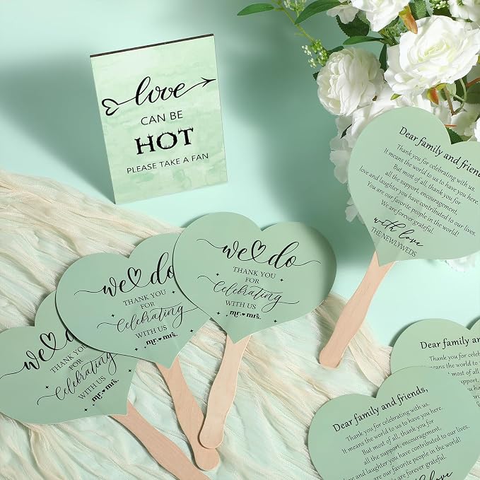 51 Pcs Wedding Fans for Guests Wedding Favor Paper Fans with Handle Bulk Table Sign for Ceremony Bridal Party Decoration(Green,Classic)
