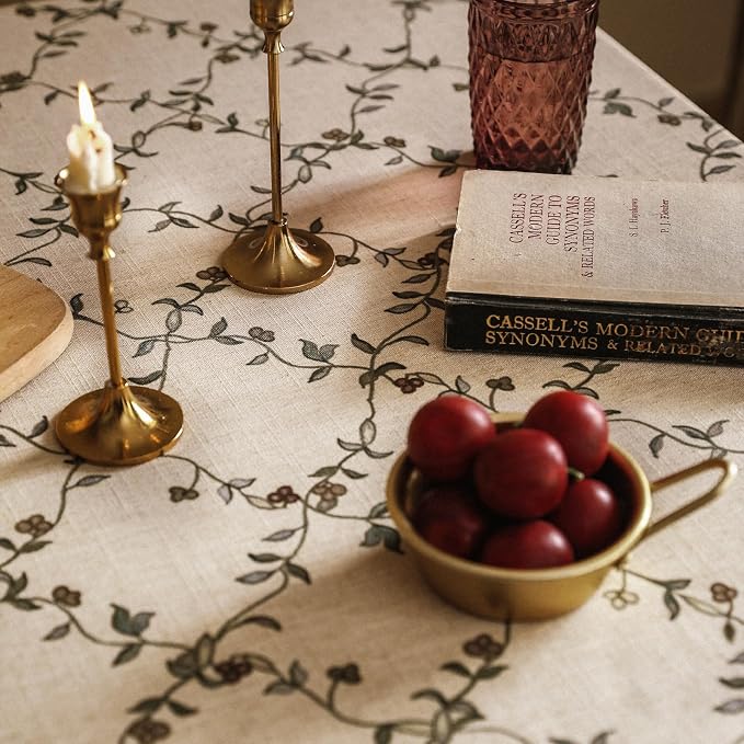 patdrea Vintage French Linen Tablecloth,Square,67"x67"-Oliveirad | Heavyweight Elegant Table Cloth for Square Table,Dark Floral & Vine Printfor Dining Room Tea Party Thanksgiving