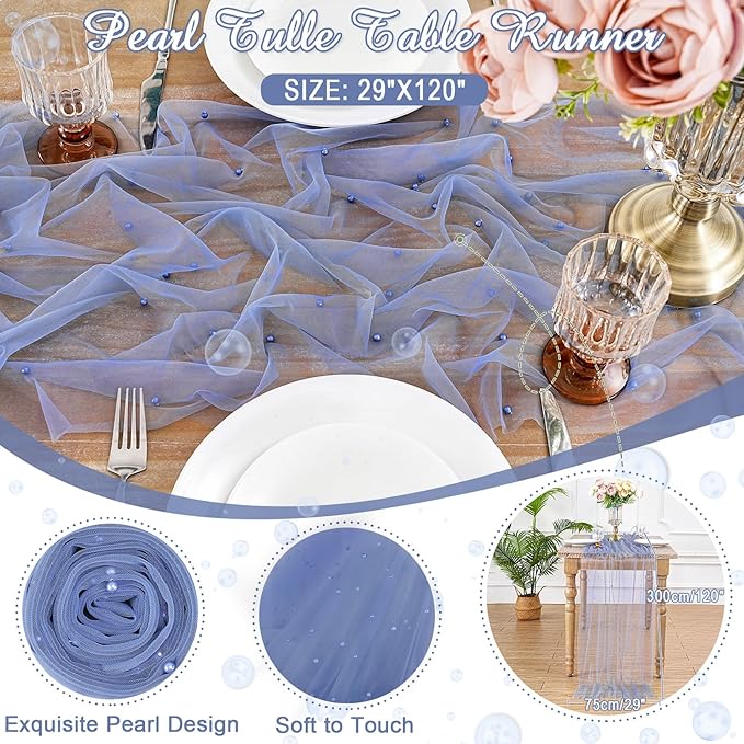 6 Pack Pearl Tulle Table Runner 29x120 Inch Boho Gauze Table Runner Rustic Cheese Cloth Long Table Runner Romantic Runners for Wedding Bridal Shower Birthday Party Table Decor (Dusty Blue)