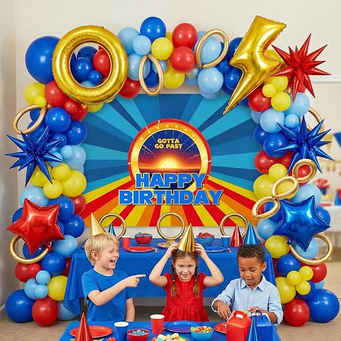 Red Blue Birthday Decorations Balloon Arch Garland Kit with Backdrop & Royal Blue Light Blue Red Gold Balloons, Lightning Ring Star Foil Balloons for Boys Gaming Speed Theme Party