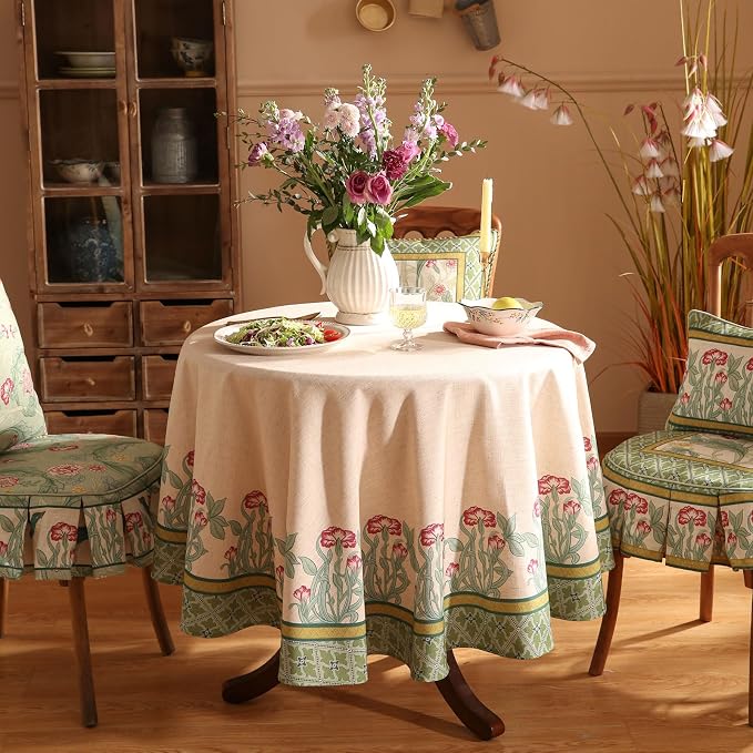 patdrea Vintage French Linen Tablecloth,Round,Diameter 55"-Cecilia D | Colorful Elegant Table Cloth for Round Table,Floral Vine Patterned,Dining Room Tea Party Thanksgiving Decor