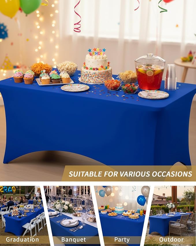 Fixwal 6 Pack 8Ft Royal Blue Table Cover, Spandex Fitted Tablecloths Rectangle, Wrinkle-Free and Stretch Folding Table Cloth for Banquet, Wedding, Party, Trade Show