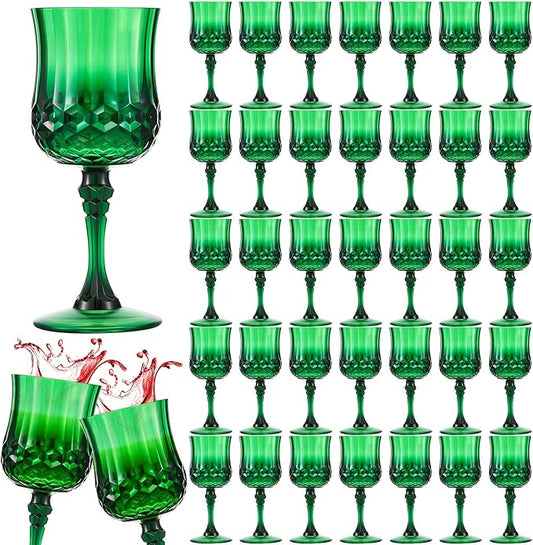 Pinkunn 50 Pcs 7 oz Plastic Vintage Wine Glasses Reusable Colored Goblets Patterned Drinking Water Glasses Cup Dishwasher Safe for Mother's Day Wedding Reception Party Supplies (Green)
