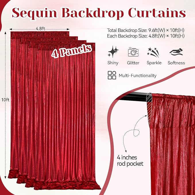 Sequin Photography Backdrop Curtain 4.8FT x 10FT Shimmer Panel 4PCS for Party Decoration Christmas New Year Housewarming Outdoor, Red