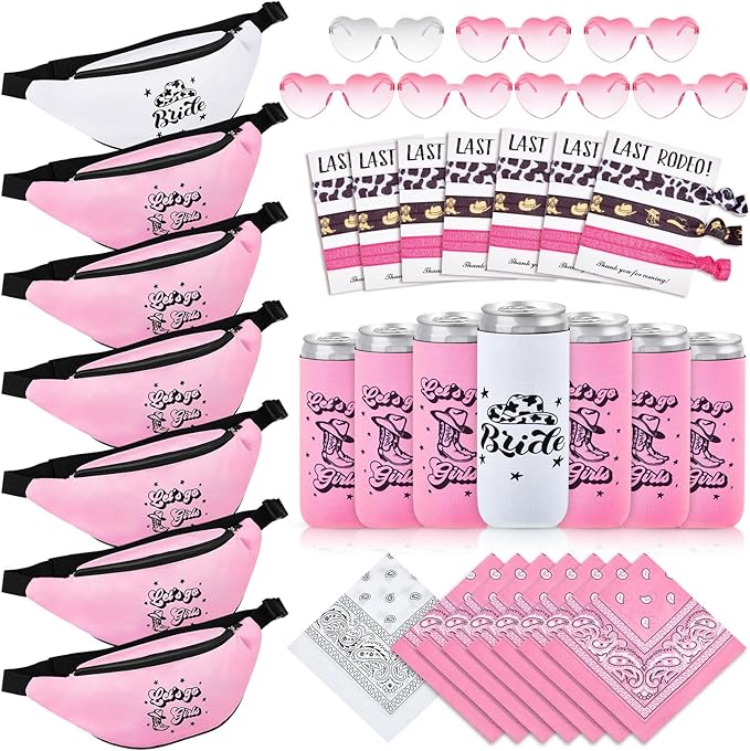 Tanlade 35 Pcs Cowgirl Bachelorette Party Supplies Includes 7 Pcs Bridesmaid Bride Fanny Pack 7 Pcs Can Sleeves 7 Sets Cowgirl Hair Ties 7 Pcs Bandanas 7 Pcs Heart Glasses for Wedding Bridal Shower