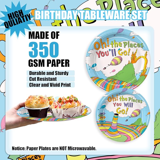 168Pcs Oh the Places You'll Go Party Decoration Kindergarten Graduation Party Tableware Sets Paper Plates Napkins Cups Spoons Knives Forks for 24 Guests