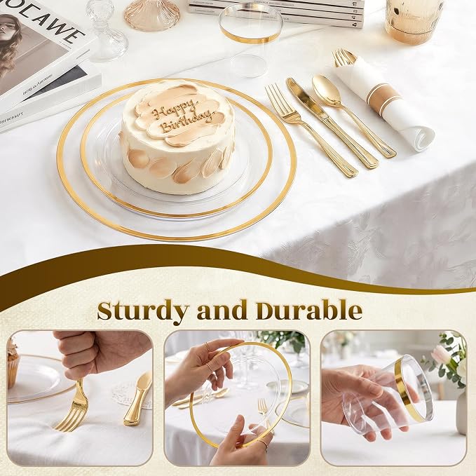 175pcs Plastic Dinnerware Set Clear & Gold | Disposable Plastic Plates for 25 Guests Include 50 Plastic Plates,25 Cups & 25 Pre Rolled Napkins with Cutlery Set for Party