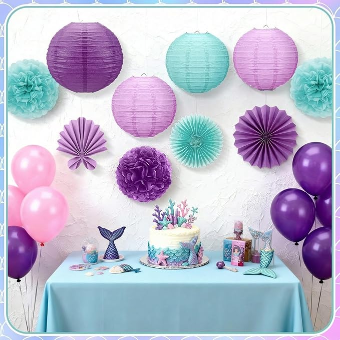 Soulchen 18 Pcs Mermaid Party Decor Purple and Green Paper Lanterns Set Ceiling Hanging Decorations Tissue Pom Poms Fans Decor for Mermaid Under the Sea Ocean Birthday Party Classroom Supplies