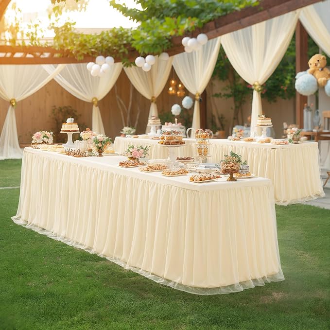 6 Pack 6ft Champagne Tulle Tablecloths for Rectangle Tables, 72 x 30 Inch Rectangular Table Cloth, Wrinkle Free Table Cover with Tutu Skirt for Wedding Birthday Party Banquet Buffet Decorations