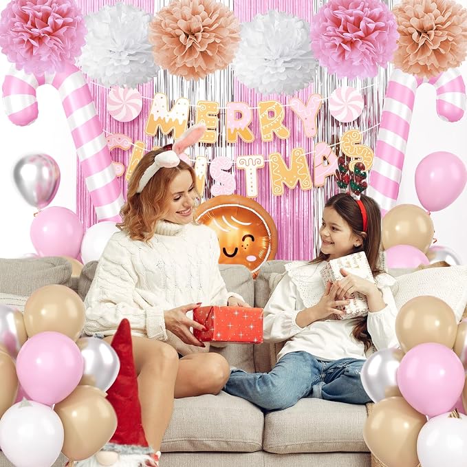 Pink White Christmas Decorations,Merry Christmas Decor Banner Paper Pompoms Fringe Curtain Backdrop Xmas Foil Balloons Latex Balloon for Indoor Outdoor Decorations